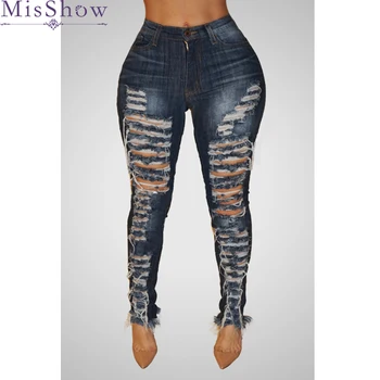 

New Fashion Hole Jeans Women Blue Pencil Pants 2019 Western Style High Street Vintage Streetwear Long Length Woman Jeans Tassel