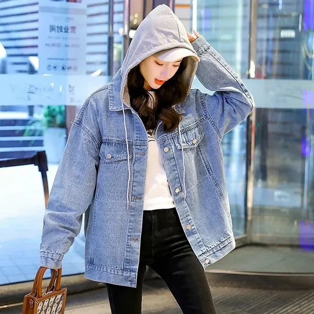 Jaqueta jeans versátil feminina, jaqueta de brim com capuz para primavera e  outono, vestuário casual com letras bordadas, casaco jeans boyfriend da  moda coreana - AliExpress