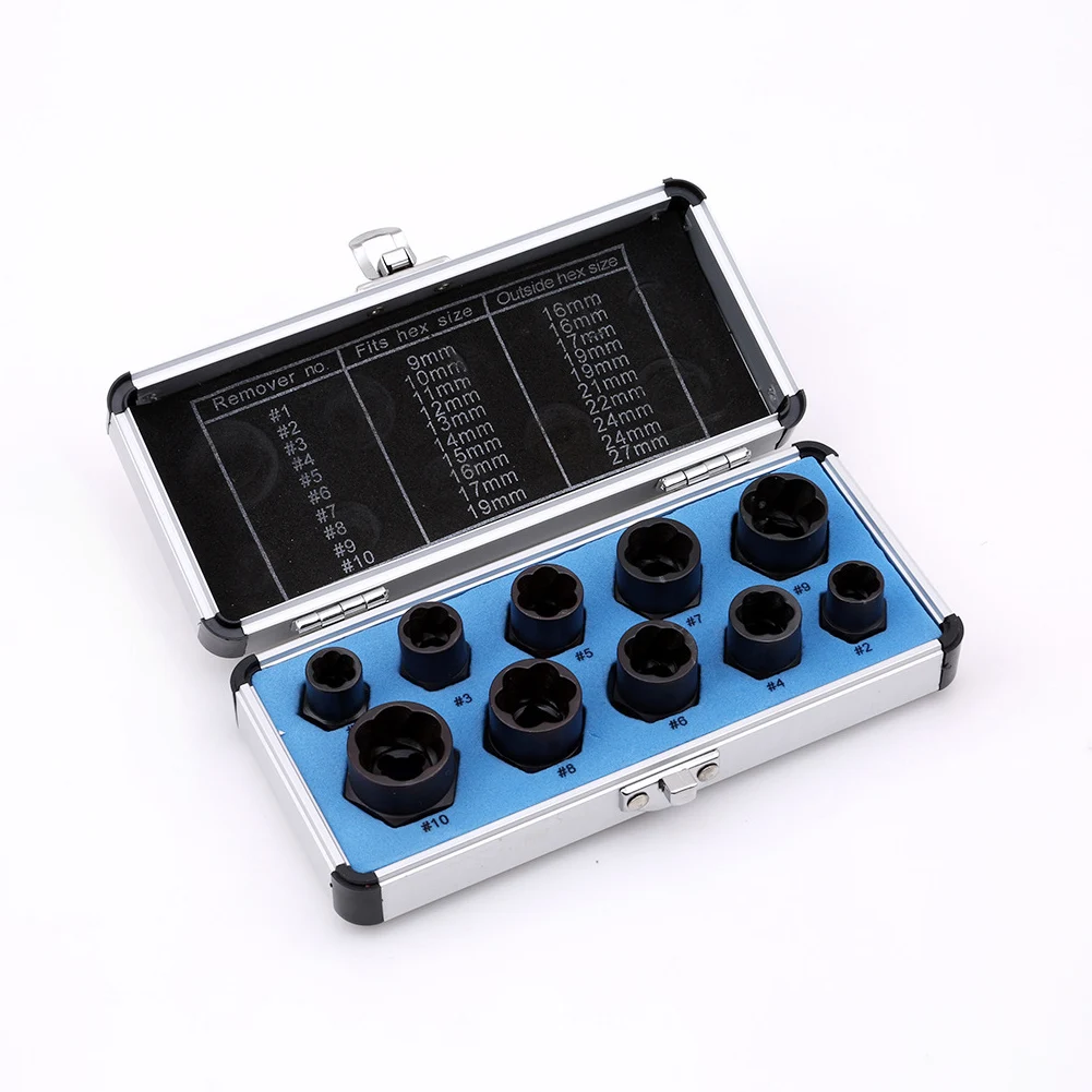

10pcs/set Nut Remover Removal Set Threading Socket Hand Tools Kit With Box Studs Hex Round Screw Extractor Damaged Bolt Alloy