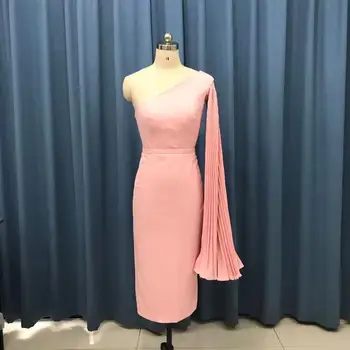 

Pink One Shoulder Tea Length Cocktail Dress Backless Plus Size Pleated Cape Women Formal Occasion Dresses Short Prom Party Gowns