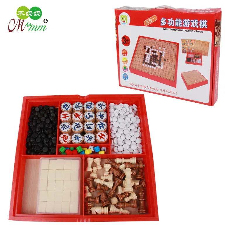 

Wood Mom Children Desktop Educational Early Childhood Multi-functional Wood System Toy Six-in-One Multi-functional Flight Chess