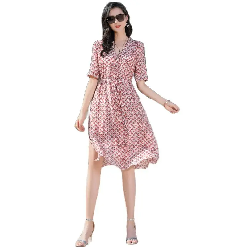 

21LLT2229 New Women's Spring Clothing Large Size Loose Socialite Temperament Waist-Controlled 100% Silk Printed Dress Women