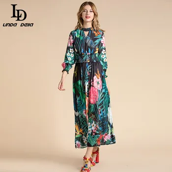 

LD LINDA DELLA Fashion Designer Vintage Dress Women's 3/4 Sleeve Elastic Waist Jungle Butterfly Floral Print Elegant Midi Dress
