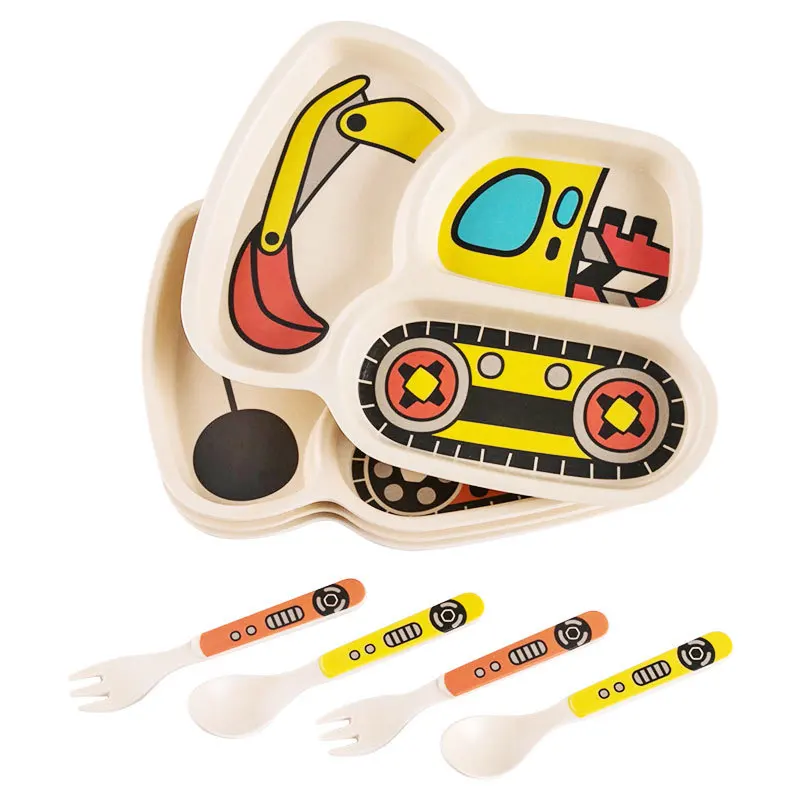 3pcs/set Cartoon Car Feeding Bowl Dishes Baby Dish Tableware Children Kids Natural Bamboo Fiber Dinnerware With Fork Spoon Plate