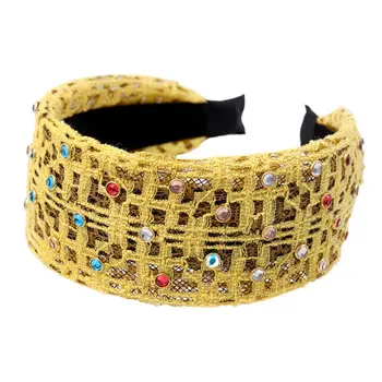 

Women Hollow Out Grid Lace Wide Headband Colorful Imitation Crystal Studded Hair Hoop Makeup Wash Face Jewelry Styling Headwear