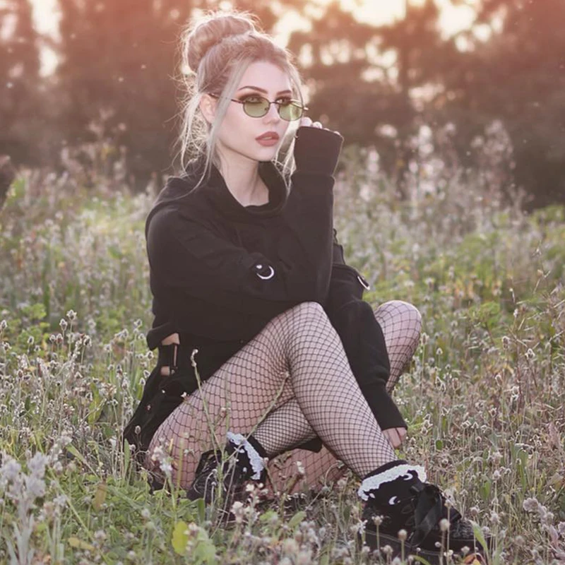 Женские готические K-POP толстовки, толстовка, повседневный джемпер с длинным рукавом и разрезом, пуловер, сексуальные топы с капюшоном