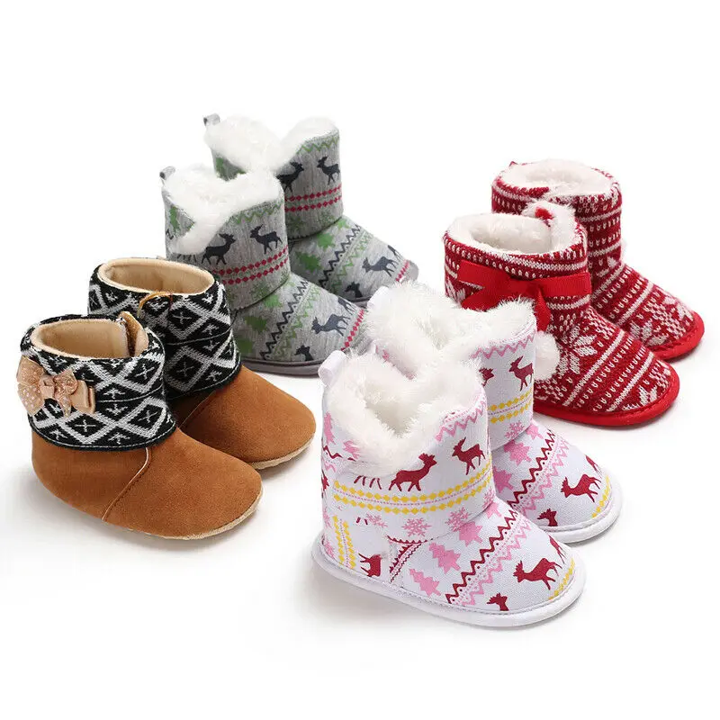 Newborn Baby Girl Boy Toddler Fur Christmas Boots Soft Sole Crib Shoes Xmas Plush Booties Prewalker 0-18M Infants Red Pink Gray
