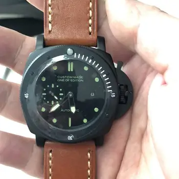 

bomax marina Men's Watch 47mm Automatic Watch Luminous Hands Black Case Leather Strap Stainless Steel Case P719-3