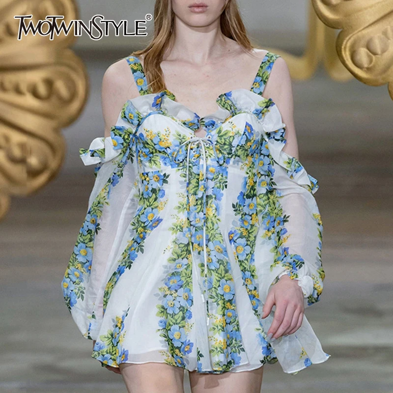 TWOTWINSTYLE Casual Print Dress Women Square Collar Lantern Sleeve Off The Shoulder High Waist Hit Color Mini Dresses Female New TWOTWINSTYLE Casual Print Dress Women Square Collar Lantern Sleeve Off The Shoulder High Waist Hit Color Mini Dresses Female New