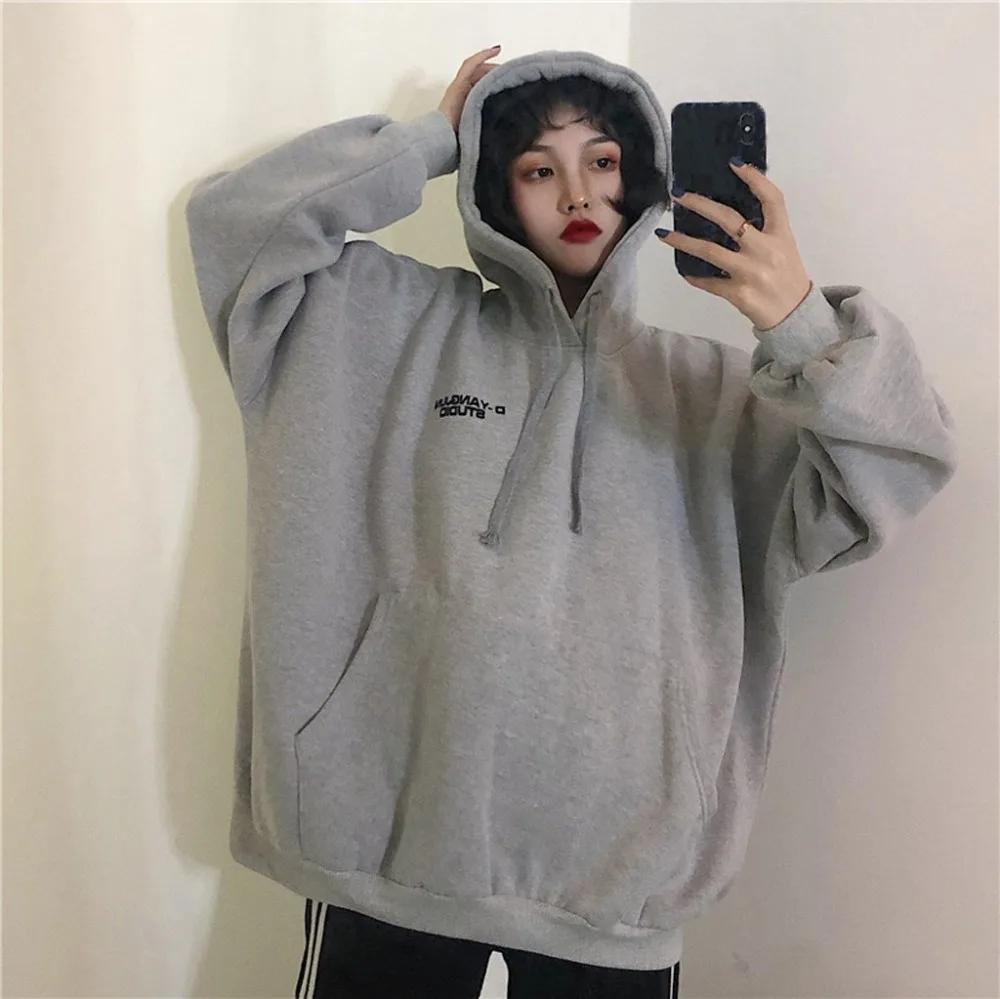 Korean Style Women Casual Loose Hoodies Pullover, Plus Size Pocket Sweatshirt Letter Printed Hoodie sweat femme Female Tops