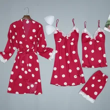 Новые красные женские пижамы из 4 предметов, топ на бретелях и штаны, комплект одежды для сна, Весенняя домашняя ночная рубашка соблазнительное кимоно Халат