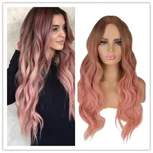 

SuQ Women Long Wavy Wig Hair Synthetic Natural Wavy Cosplay Party Brown with Pink Heat Resistant Daily Fashion Wigs