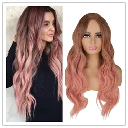 SuQ Women Long Wavy Wig Hair Synthetic Natural Wavy Cosplay Party Brown with Pink Heat Resistant Daily Fashion Wigs