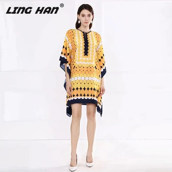 

LINGAHN Vacation print Loose Dress Women's Fashion Batwing Sleeve Temperament Slim O-Neck Dresses Designer Spring Summer New