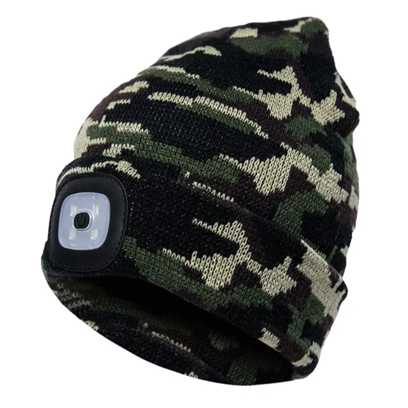 

USB Rechargeable LED Lighted Cap Winter Warm Beanies Hat Outdoor Headlight Caps D08D