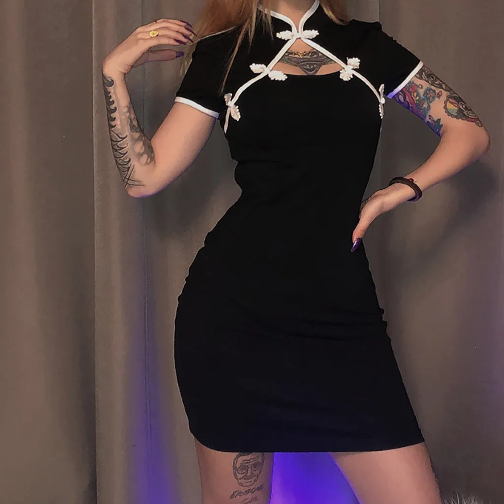 

Women Fashion Summer Cheongsam Hollow Out Sexy Dress Ladies Slim Short Sleeve Casual Party Hip Party Club Dress Vestidos 2020