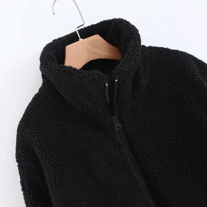 RR Stand Collar Coats Women Fashion Thick Faux Lamb Fur Jackets Women Elegant Zipper Long Sleeve Coats Female Ladies JW