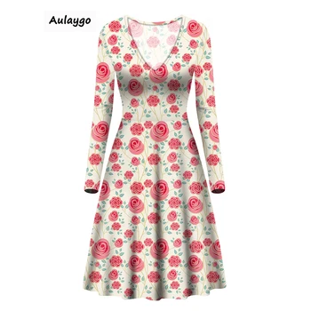 

Plus Size 2020 Spring Autumn Boho Style Womne Clothing Long Sleeve Women Dresses Flowers Print V-Neck Robe Vestidos Largos