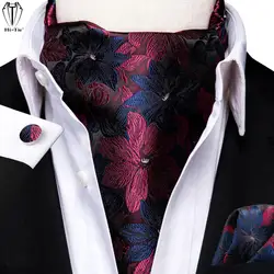Hi-Tie Silk Men's Ascot Tie Pocket Square Cufflinks Set Red Blue Flower Cravat Ascots Scrunch Self Gentleman Dress Scarves Party