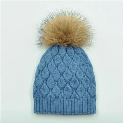 Women Winter Hat Angora Knitted Wool Beanie Female New Fashion Casual Outdoor Thick Ladies Warm Fur Ball Hats - Color: Blue natural fur