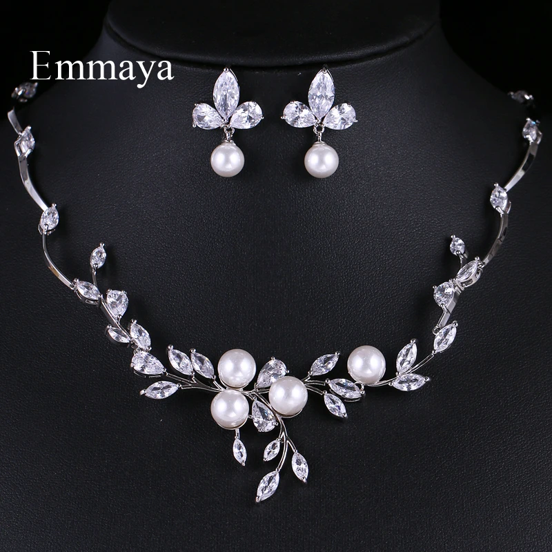 Emmaya lujoso estilo creciente hojas con perlas de circonio cúbico elegante joyas conjuntos de collar de pendiente para las mujeres asistir a la fiesta