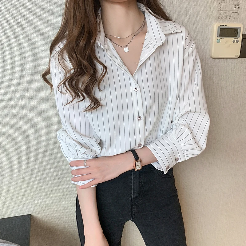 

Casual Striped Tops Women Single-Vreasted Office Lady Female Blouses Shirts Femme Blusas Mujer De Moda