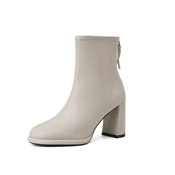 

Genuine Leather Back Zipper Women Boots square Toe Thick high Heels ankle boots woman Wedding Office Lady Shoes Woman