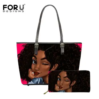 

FORUDESIGNS Hand Bags for Women Black African American Girls Queens Shoulder Bag Ladies 2pcs/set Luxury Purse&Handbags Sac 2020