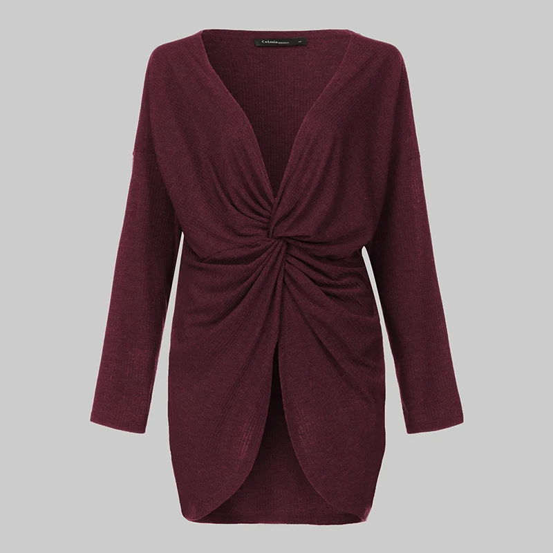 Сексуальные V образным вырезом Blusas Feminina женские с длинным рукавом скрученные асимметричные топы размера плюс Туника Рубашки Блузки на каждый день размера плюс - Цвет: Wine Red