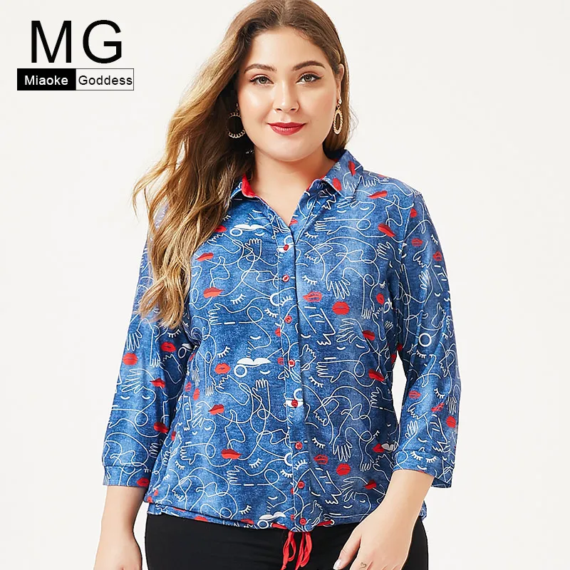 

2019 Autumn new Plus size women's clothing Red lips print Nine points sleeve tops and blouses fashion lacing slim shirt