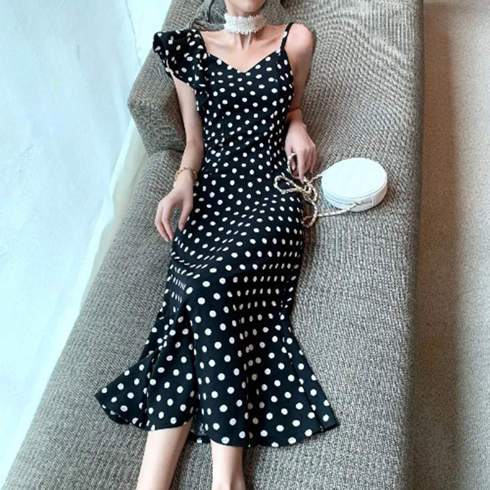 

Women Sexy Bodycon Dresses Summer Vintage Polka Dots Patchwork Elegant Pullover Korean Casual Female Retro Chic Dress