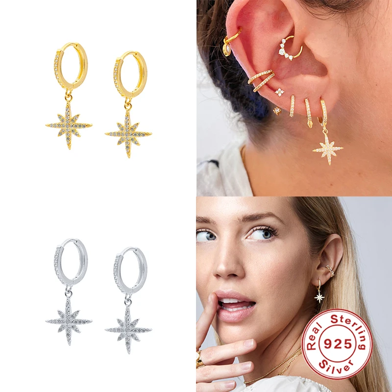 

Aide 925 Sterling Silver Octagonal Star Pendant Small Hoop Earring for Women Birthday CZ Cute Earrings Jewelry Accessories Gift