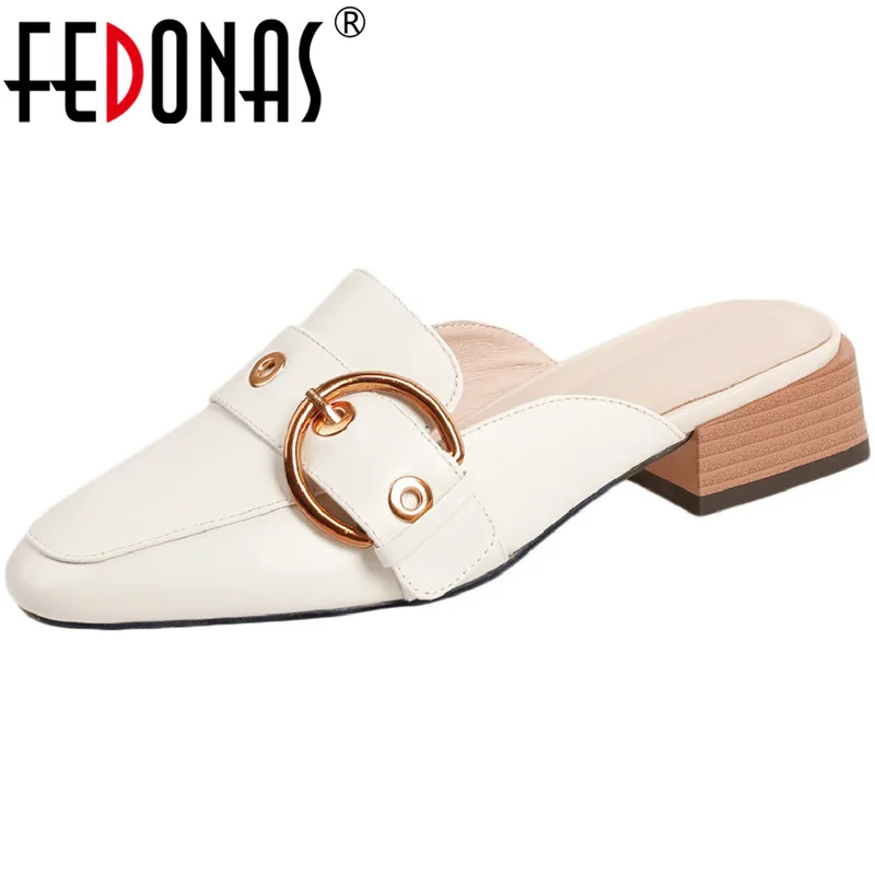 

FEDONAS Basic Half Slippers Women Square Thick Heeled Metal Decoration Pumps Spring Summer Shoes New Cow Leather Shoes Woman