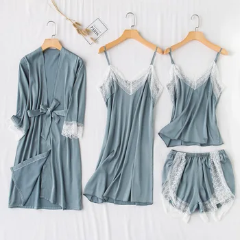 

Sexy Lace Sleepwear Nightwear Silky Satin Female 4PCS Robe Set Kimono Bathrobe Gown Casual Green Home Clothing Nightgown