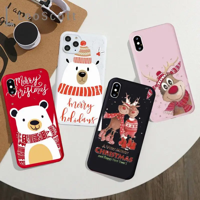 

Christmas Deer Bear cute cartoon animal Phone Case Candy Color for iPhone 6 7 8 11 12 s mini pro X XS XR MAX Plus