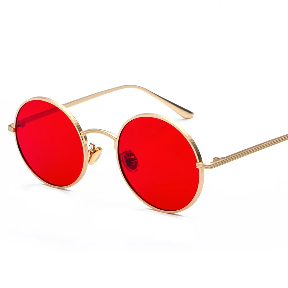 New gold round metal frame sunglasses men retro  summer style women red lens sun glasses unisex yellow pink black