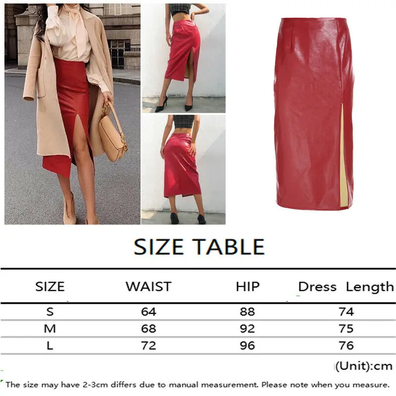 Сексуальная Красная юбка-карандаш из искусственной кожи с высоким разрезом для женщин, Облегающие юбки до середины икры с высокой талией на молнии