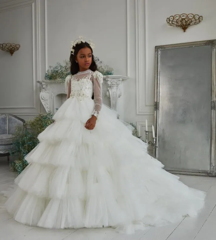 Gorgeous Long Sleeves First Communion Dress Little Princess Birthday Dresses Big Bottom Flower Girl Longo | Детская одежда и обувь