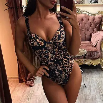

Simplee Sexy print one piece bikini Deep v-neck bodycon beach women swimwear High cut bodysuits monokini bathers bathing suit