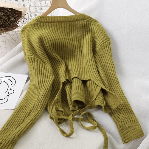 Yellow Green Осень, корейские свитера, Женские однотонные пуловеры со шнуровкой и бантом, с v-образным вырезом, милые универсальные пуловеры, Женская мода 13094 - Цвет: Yellow Green