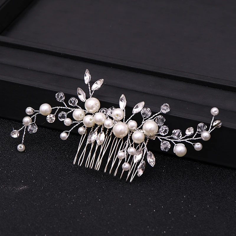 Silver Color Tiara Hair Combs for Women Bride Pearl Crystal Headpiece Wedding Hair Accessories Bridal Jewelry