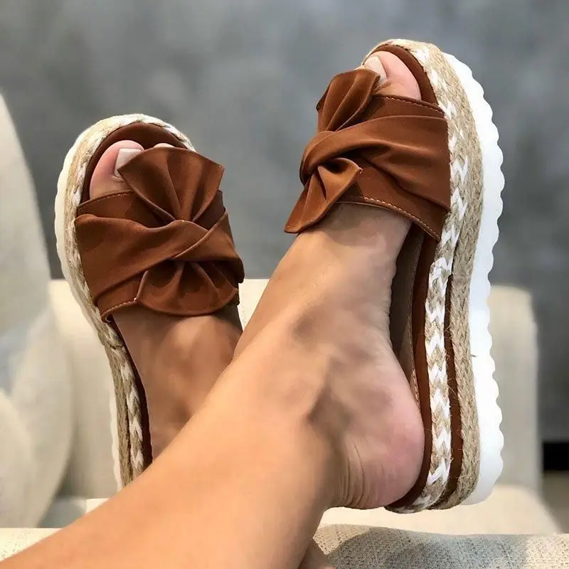 

Women Bowknot Sandals 2020 Summer Casual Daily Comfy Slip On Platform Sandals Women's Beach Open Toe Breathbale Weave Sandals