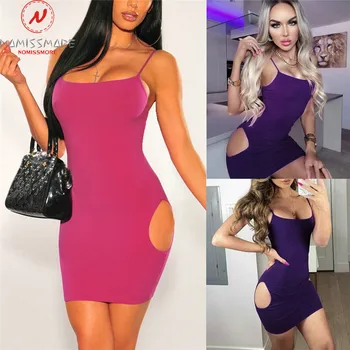 

Sexy Women Summer Bodycon Mini Dress Hollow Out Design Sling Sleeveless Backless Slash Neck Solid Color Slim Hips Pencil Dress