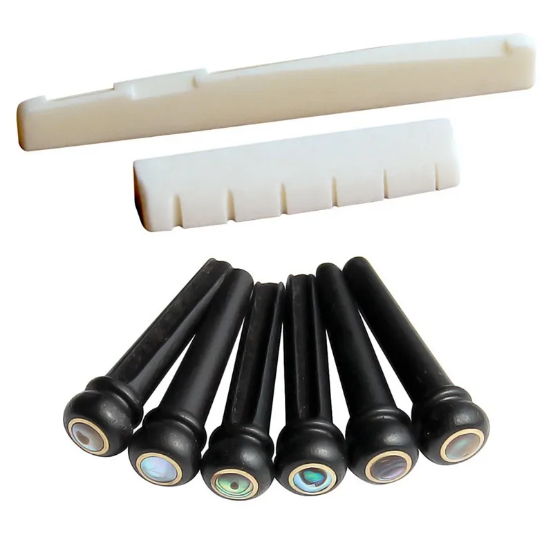 

6 String Acoustic Guitar Bone Bridge Saddle and Nut and 6pcs Ebony Guitar Bridge Pins White+Black