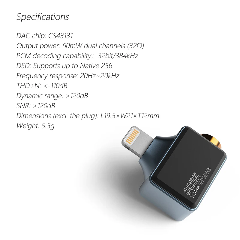 DD ddHiFi TC44A 4.4mm Headphone Adapter for iphone CS43131 DAC Chip Supports Native DSD256 and PCM 32bit/384kHz