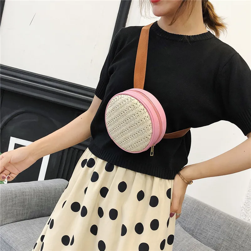 Соломенная круглая поясная сумка для женщин однотонная дамская сумочка на ремне