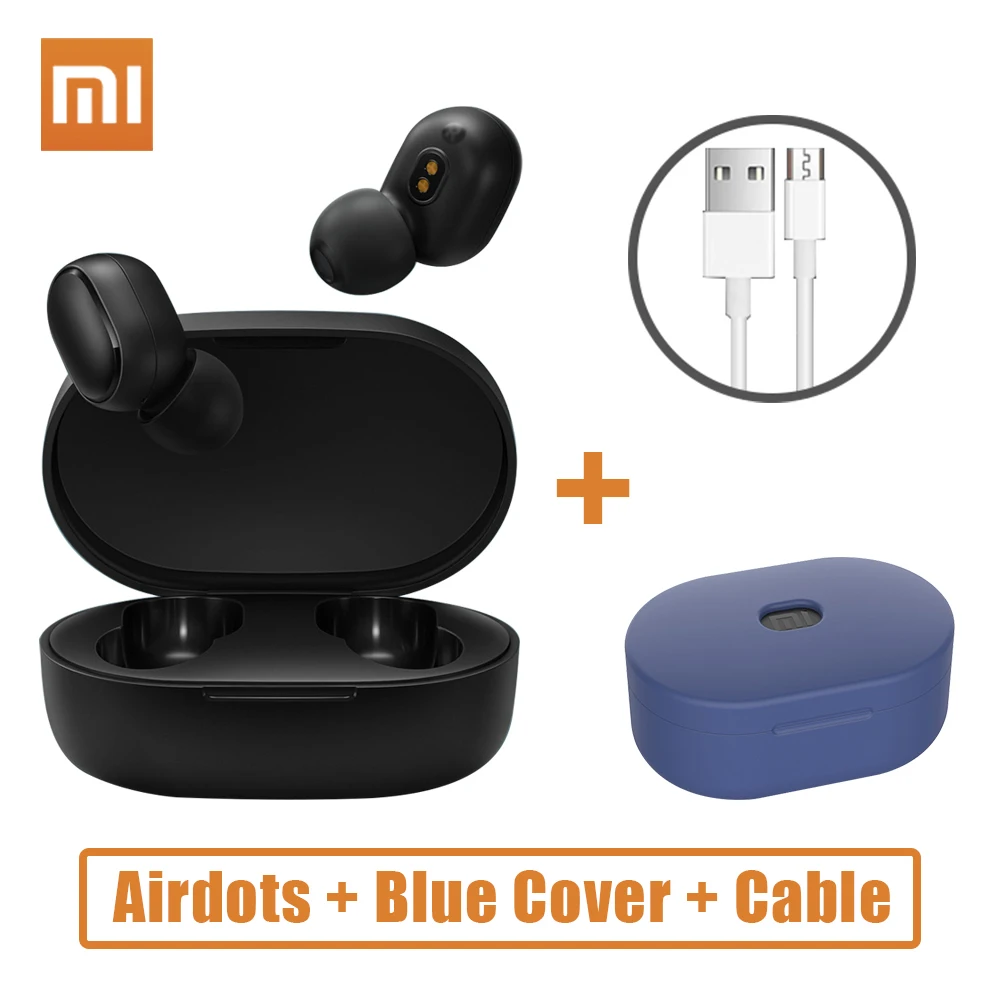 Оригинальные беспроводные наушники Xiaomi Redmi Airdots TWS, Bluetooth 5,0, гарнитура с микрофоном, голосовое управление, контроль шума - Цвет: Add  Blue Cover