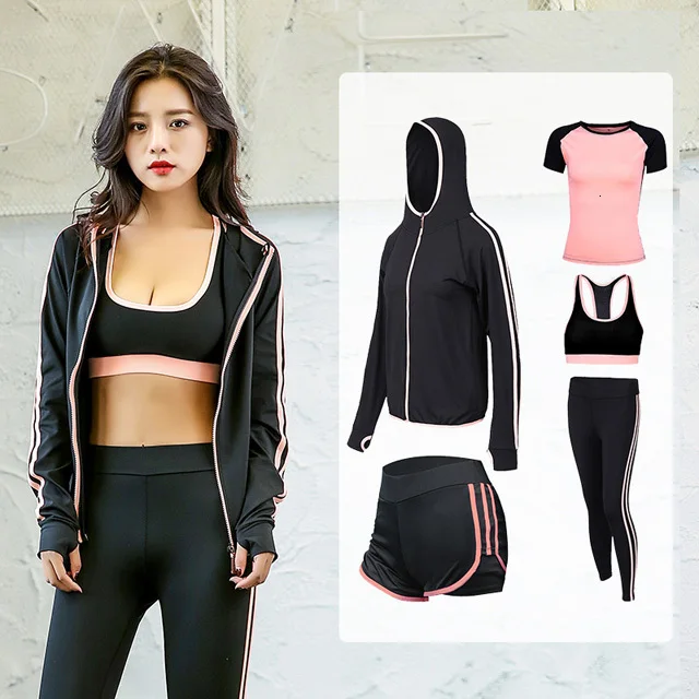 5 piece-Pink Комплект для йоги, женская одежда для спортзала, спортивный бюстгальтер+ штаны+ футболка+ пальто, 5 шт., спортивный костюм для фитнеса и бега, дышащие спортивные Леггинсы - Цвет: 5 piece-Pink