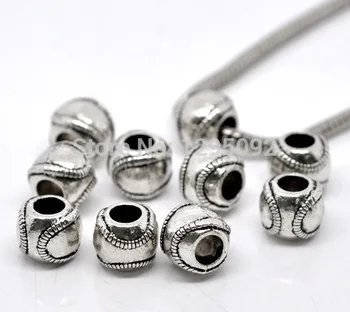 

100Pcs Silver Tone Baseball Spacers Beads Fit European Charms Necklaces & Bracelets Jewelry Findings 11x9mm