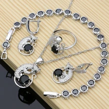Симпатичные животные 925 серебряные ювелирные наборы черный кубический цирконий для женщин вечерние серьги кольца лиса ювелирные наборы